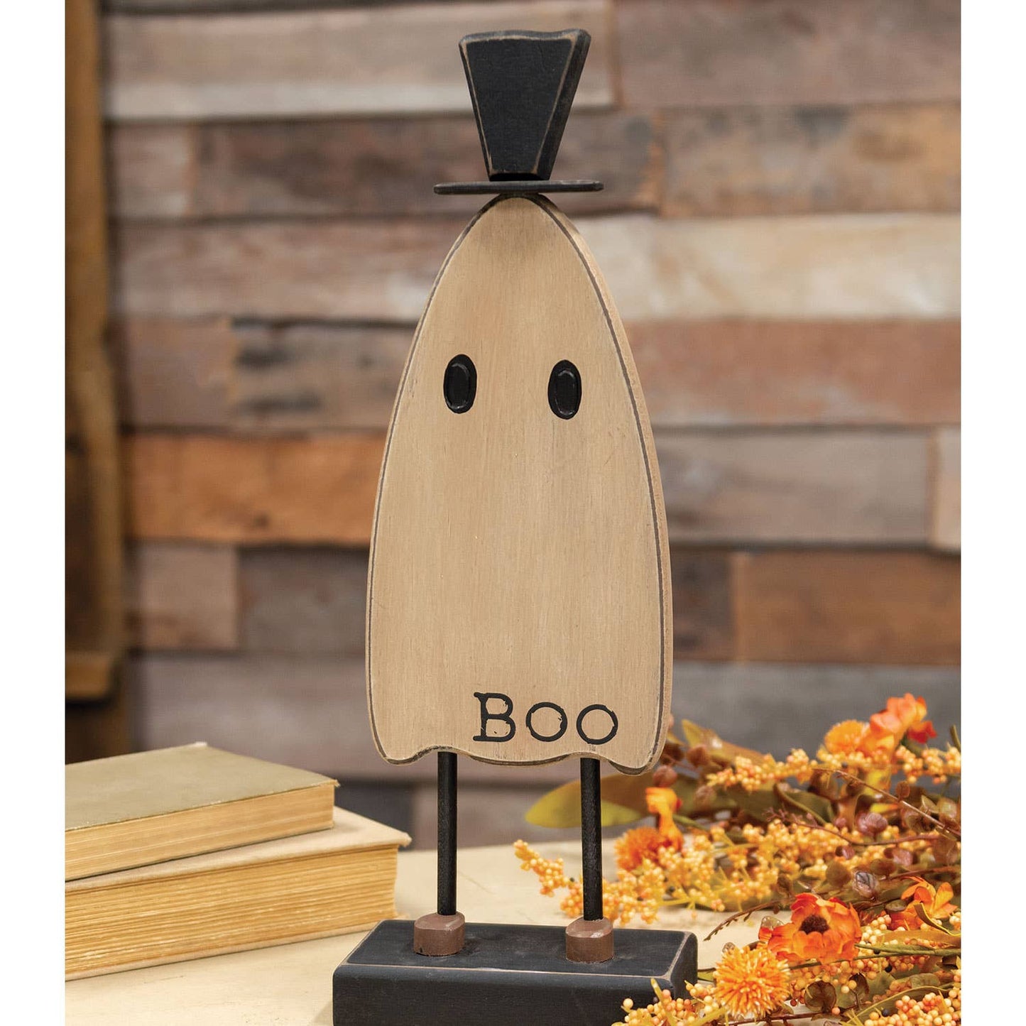 Wooden Top Hat Boo Ghost on Base