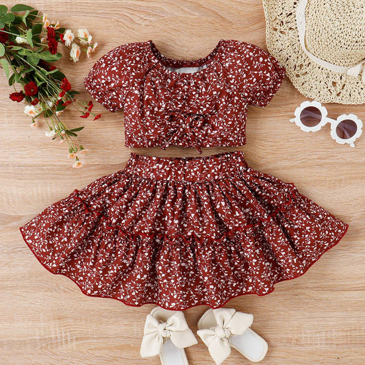 2pcs Toddler Girl Trendy Tee and Layered Skirt Set: Red / 5-6 Years