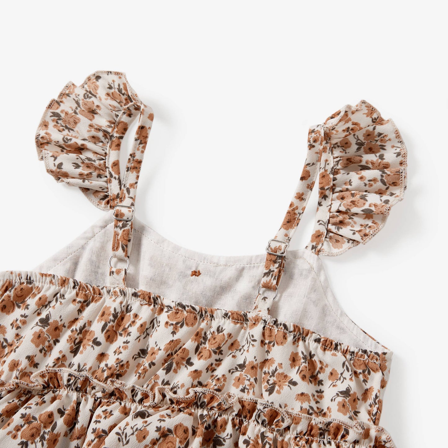 Mommy and Me Beige Floral Shirred Top Button Front Dress: Creamcolored / Girl: 6-7 Years
