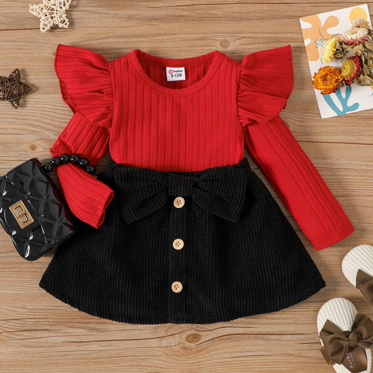 2pcs Baby Girl Rib Knit Ruffled  Top and Corduroy Skirt Set: Red / 12-18 Months