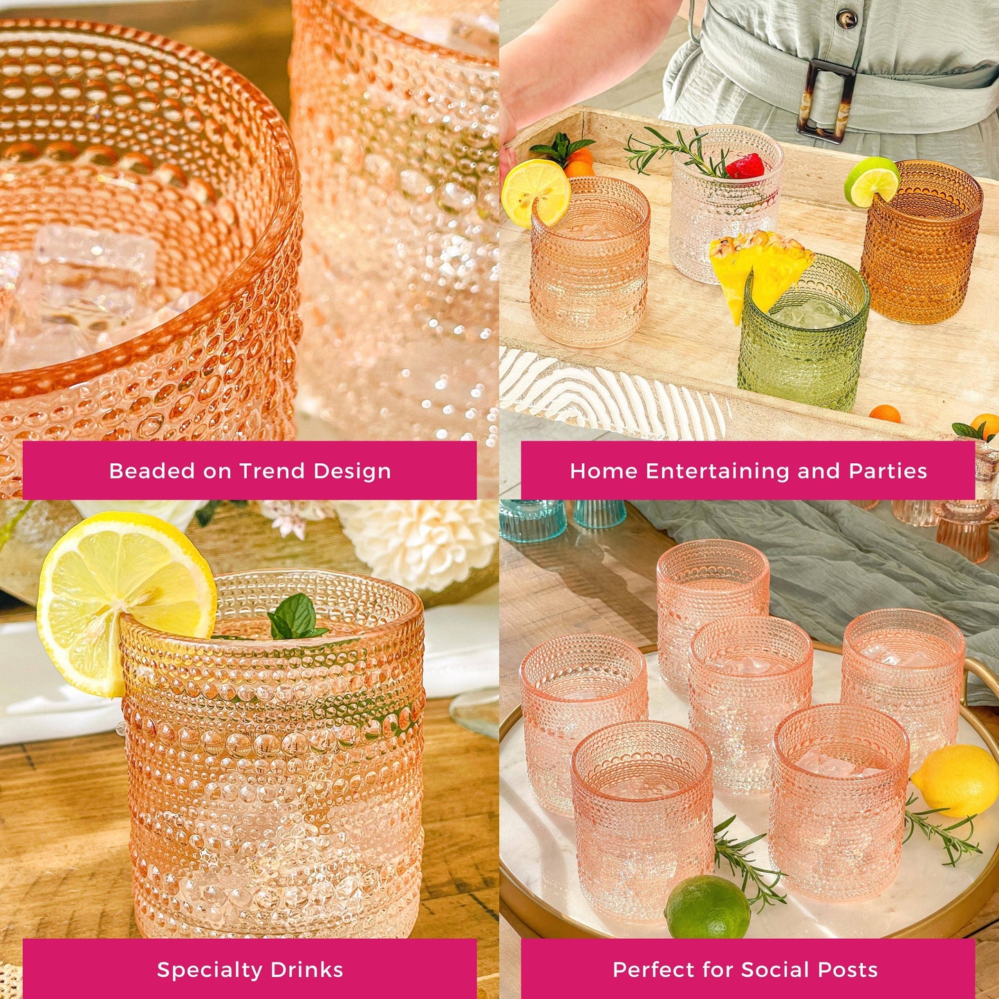 10 oz Beaded Rose Gold Old Fashion Drinking Glasses