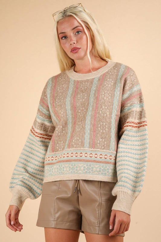 12W3239N-Oversized Cozy Printed Knit Sweater Top: SAGE MIX / S-M-L/2-2-2