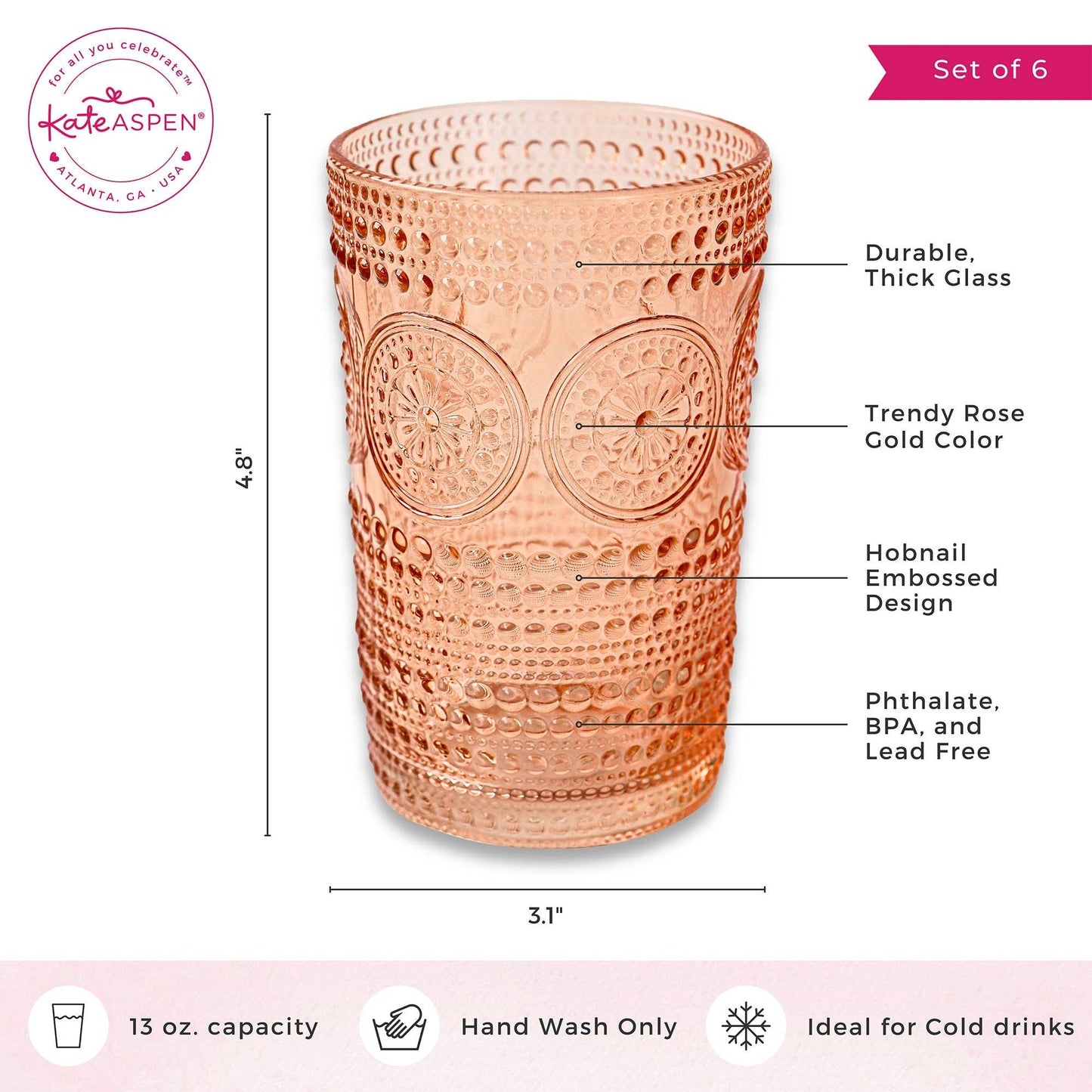 13 oz. Hobnail Beaded Floral Rose Gold Drinking Glasses
