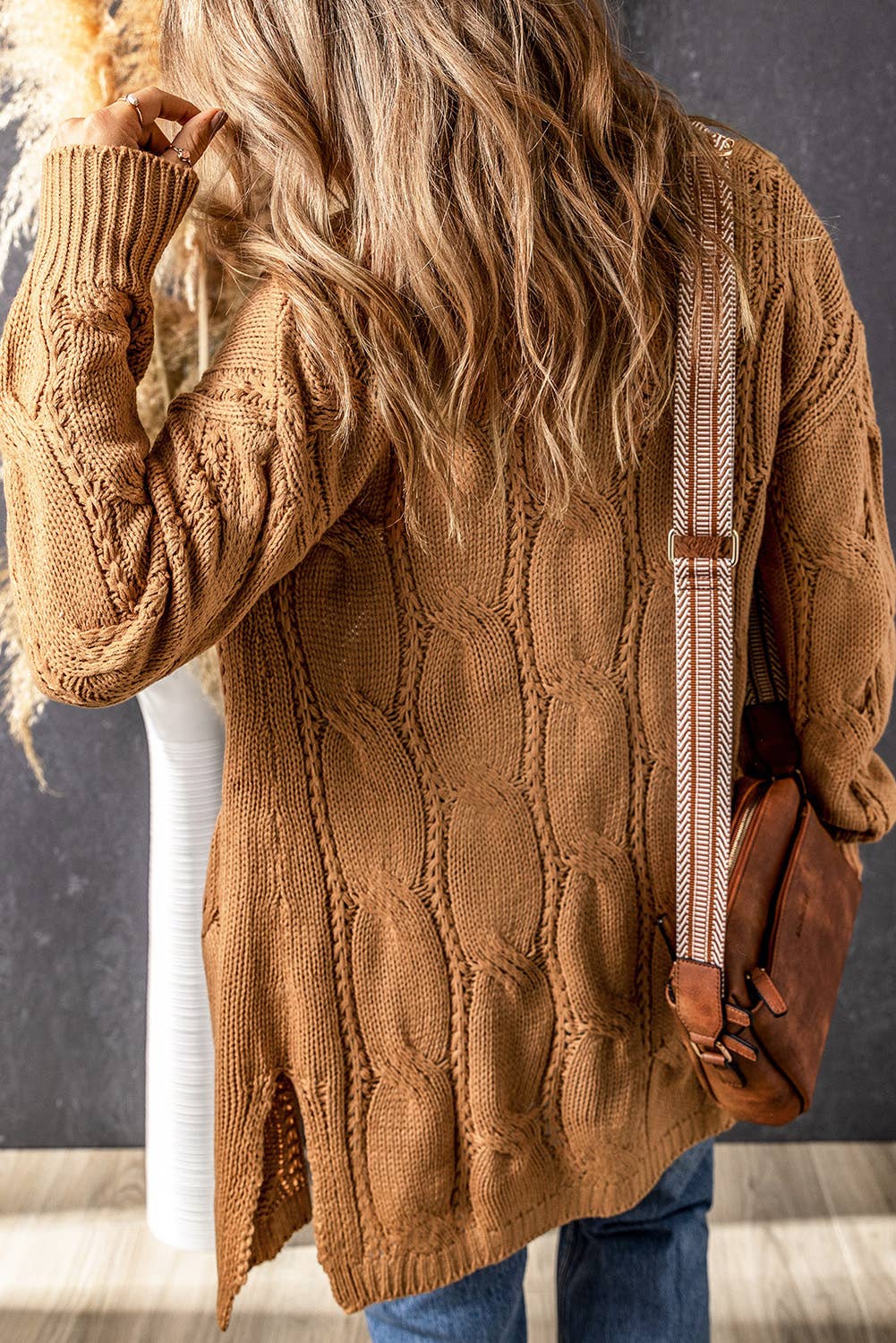 Textured Eyelet Ribbed Cable Knit Cardigan: 2XL / casual / Brown