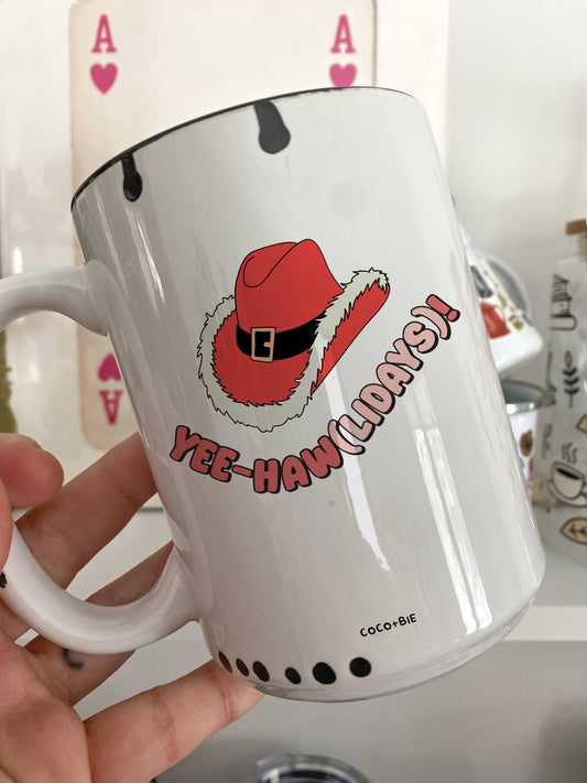 Yee-Hawlidays Christmas Coffee Mug - Cute,  Cowgirl, Western: Black Handle