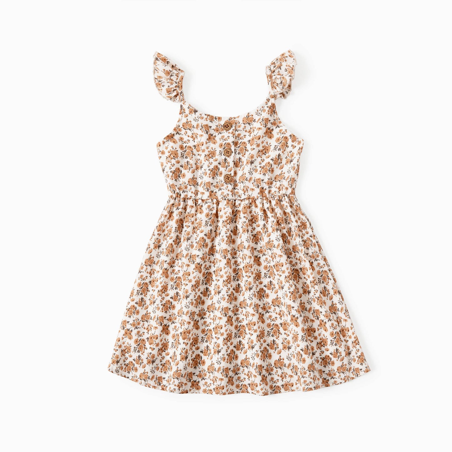 Mommy and Me Beige Floral Shirred Top Button Front Dress: Creamcolored / Girl: 6-7 Years