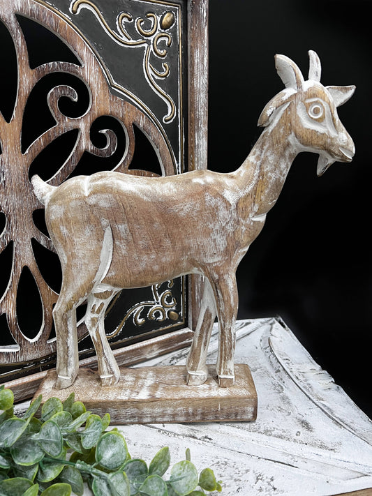 Whitewashed Wooden Goat 10x12in