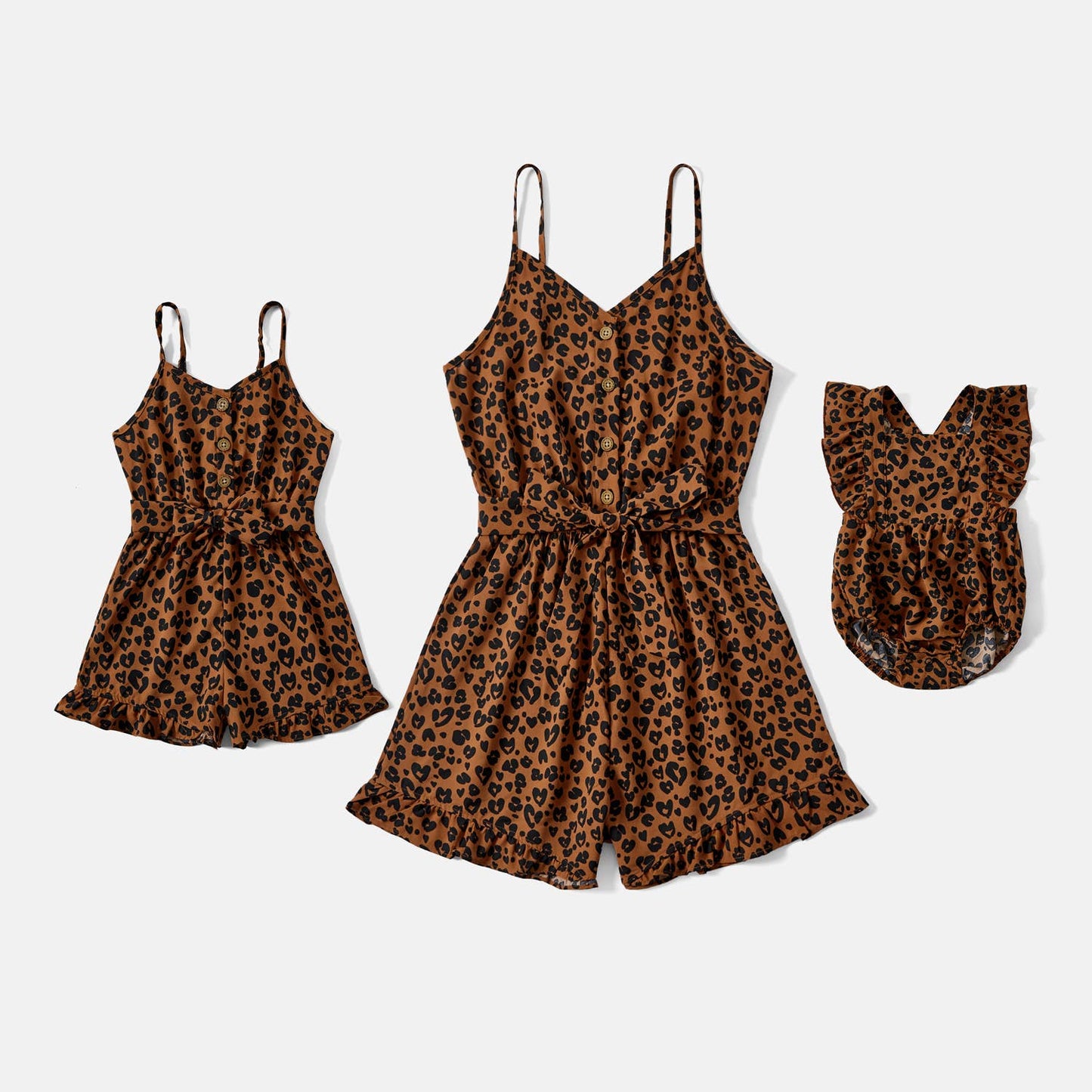 Mommy and Me Brown Leopard Print Belted Cami Rompers