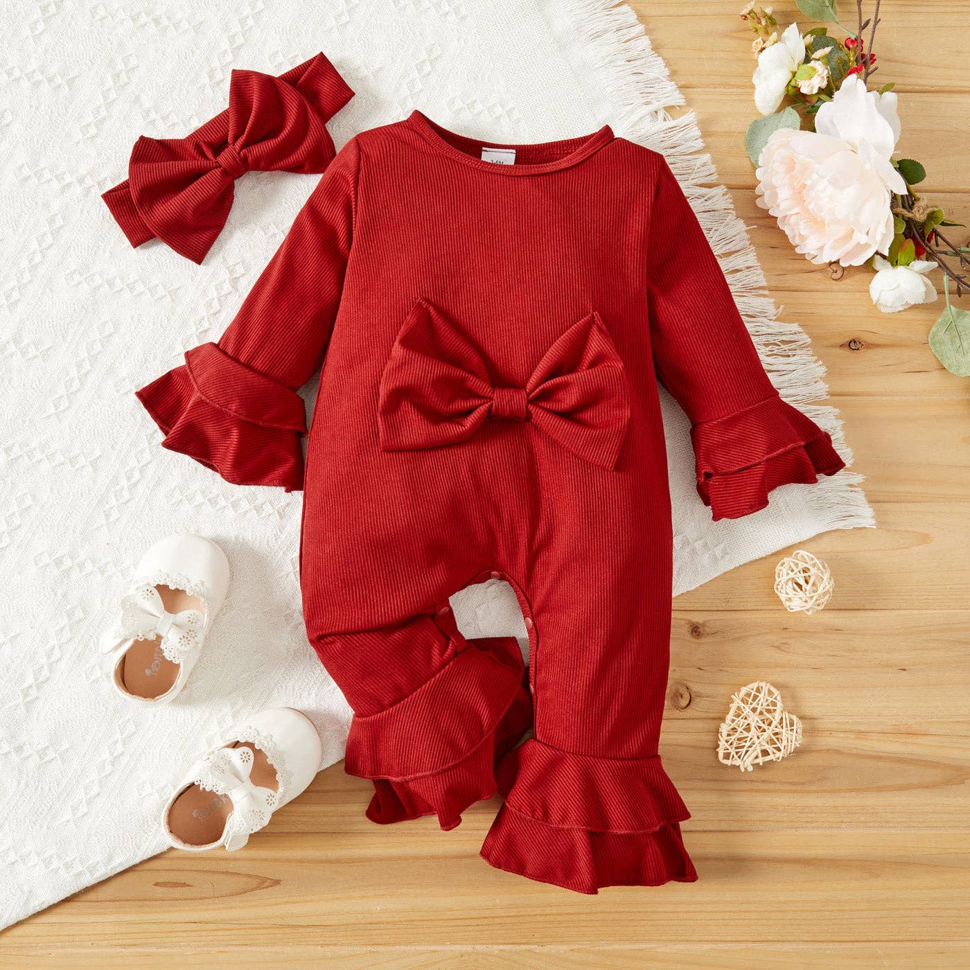 Ribbed 2pcs Solid Red Flare sleeve Bowknot Baby Jumpsuits Set
