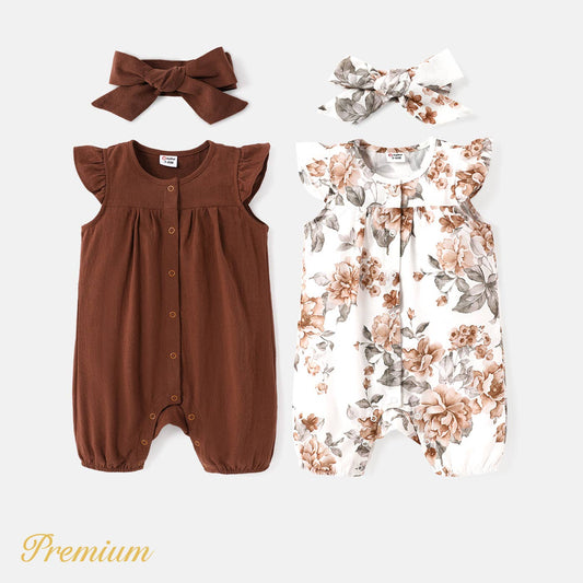 2pcs Baby Girl 100% Cotton Allover Romper & Headband Set: Offwhite / 12-18 Months