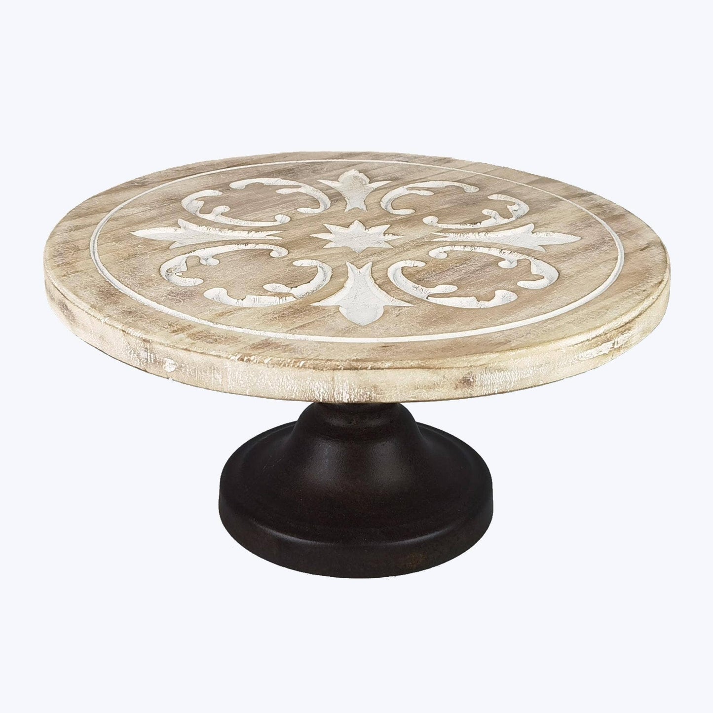 Wood Carved Pedestal on Metal Stand, Tabletop