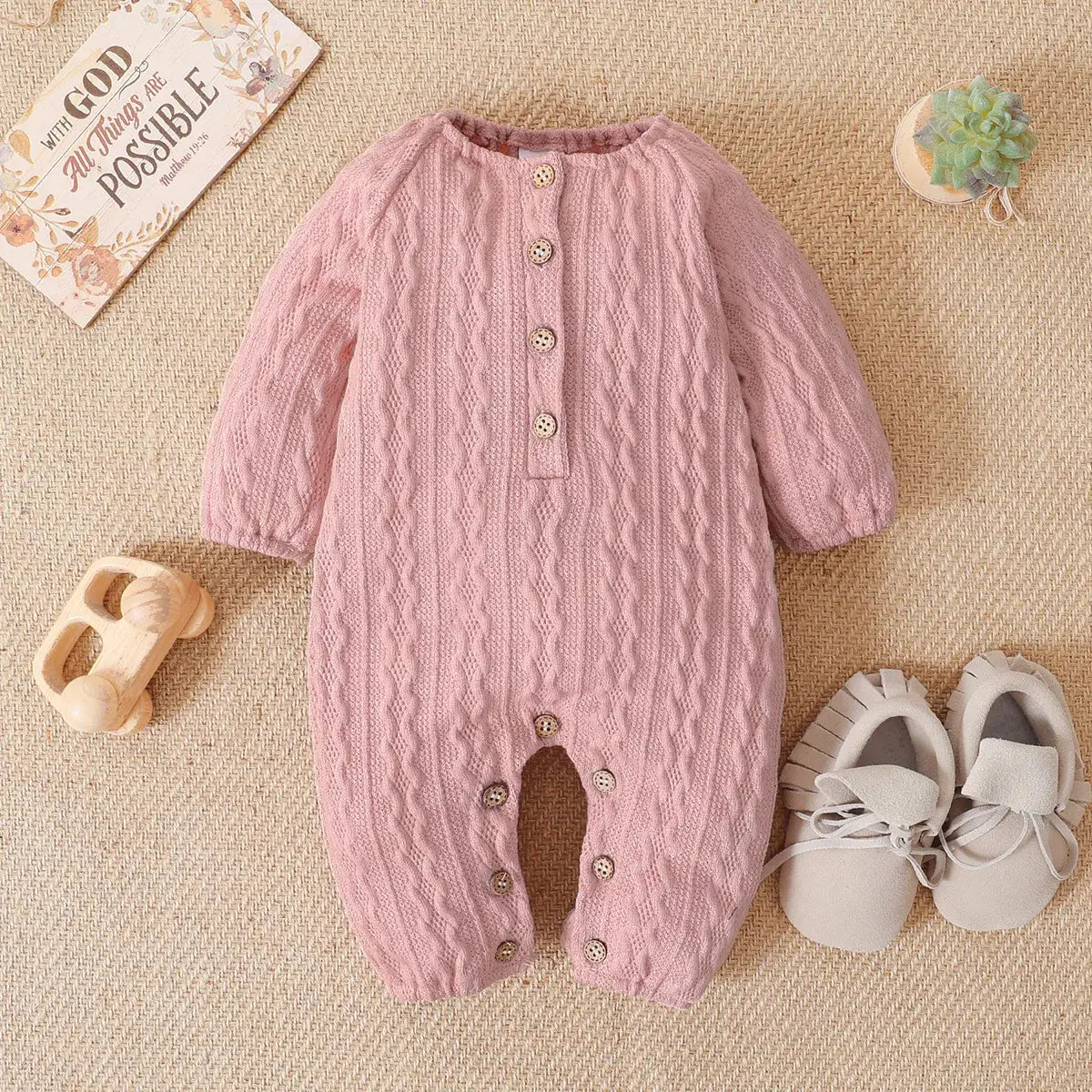 Solid Knitted Button Design Long-sleeve Baby Jumpsuit: 9-12 Months / Pink