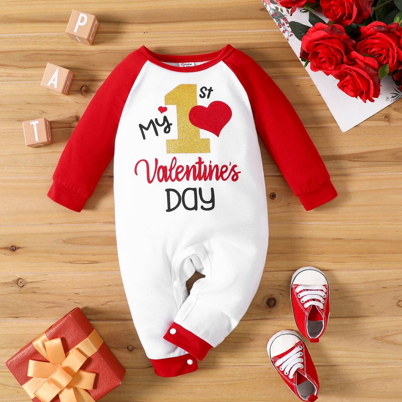 Valentines Day Baby Girl Love Heart and Letter Print Red Raglan Long-sleeve Jumpsuit