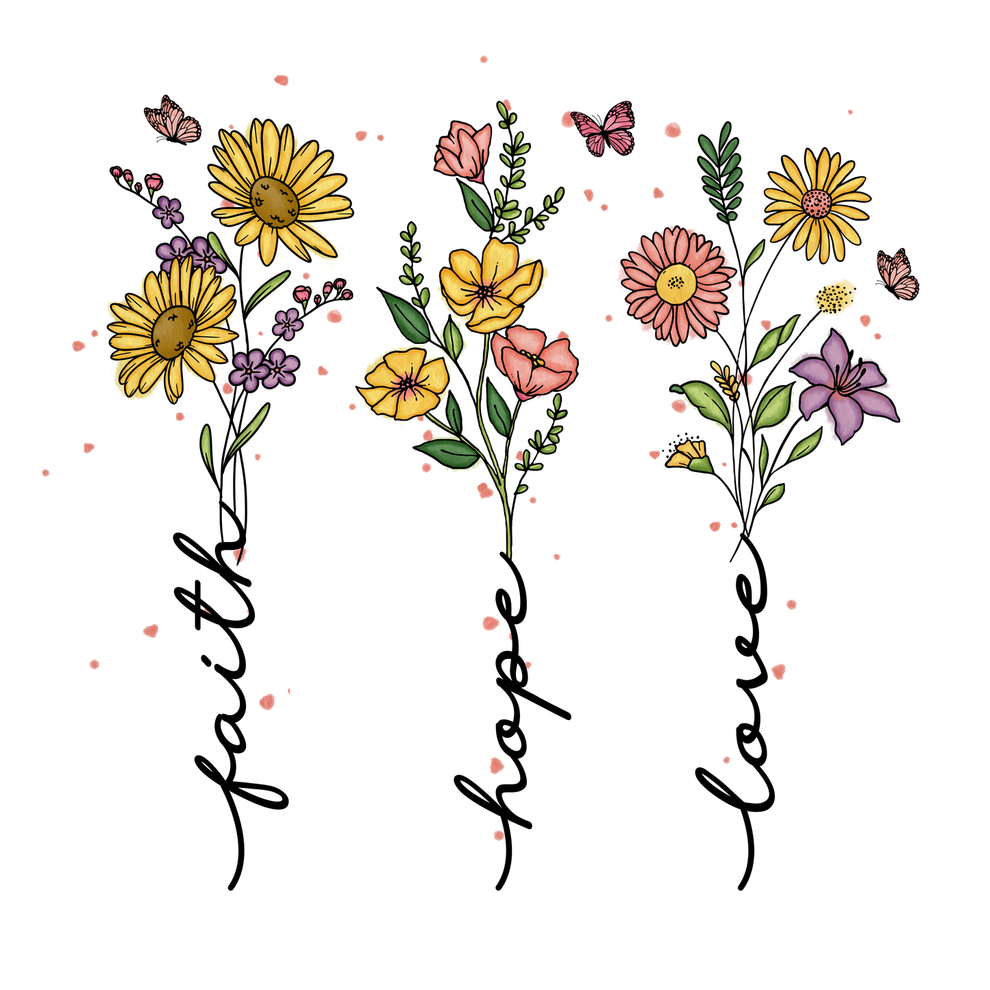 Floral Faith Hope and Love Vinyl, Sticker, 3x3 in