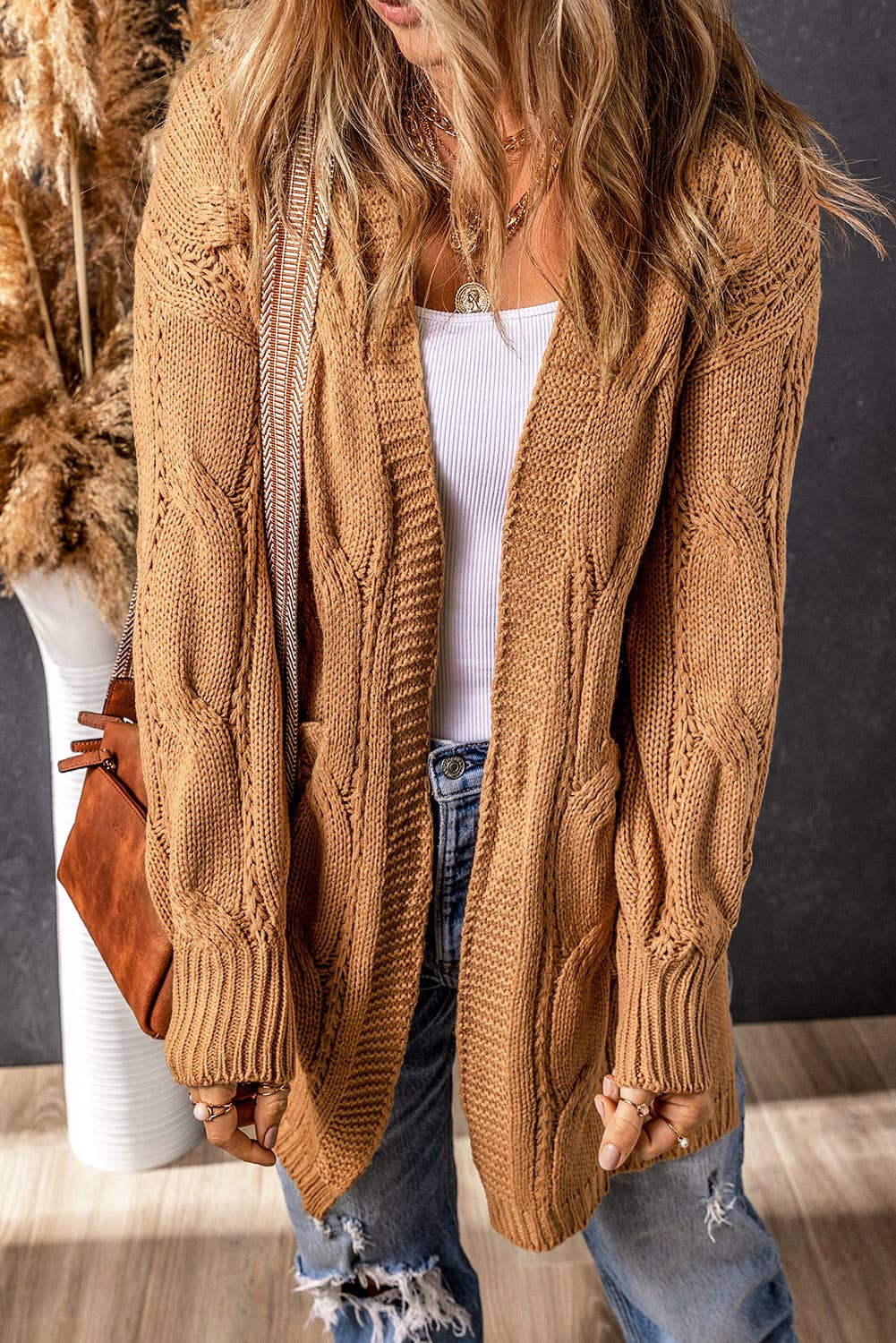 Textured Eyelet Ribbed Cable Knit Cardigan: 2XL / casual / Brown