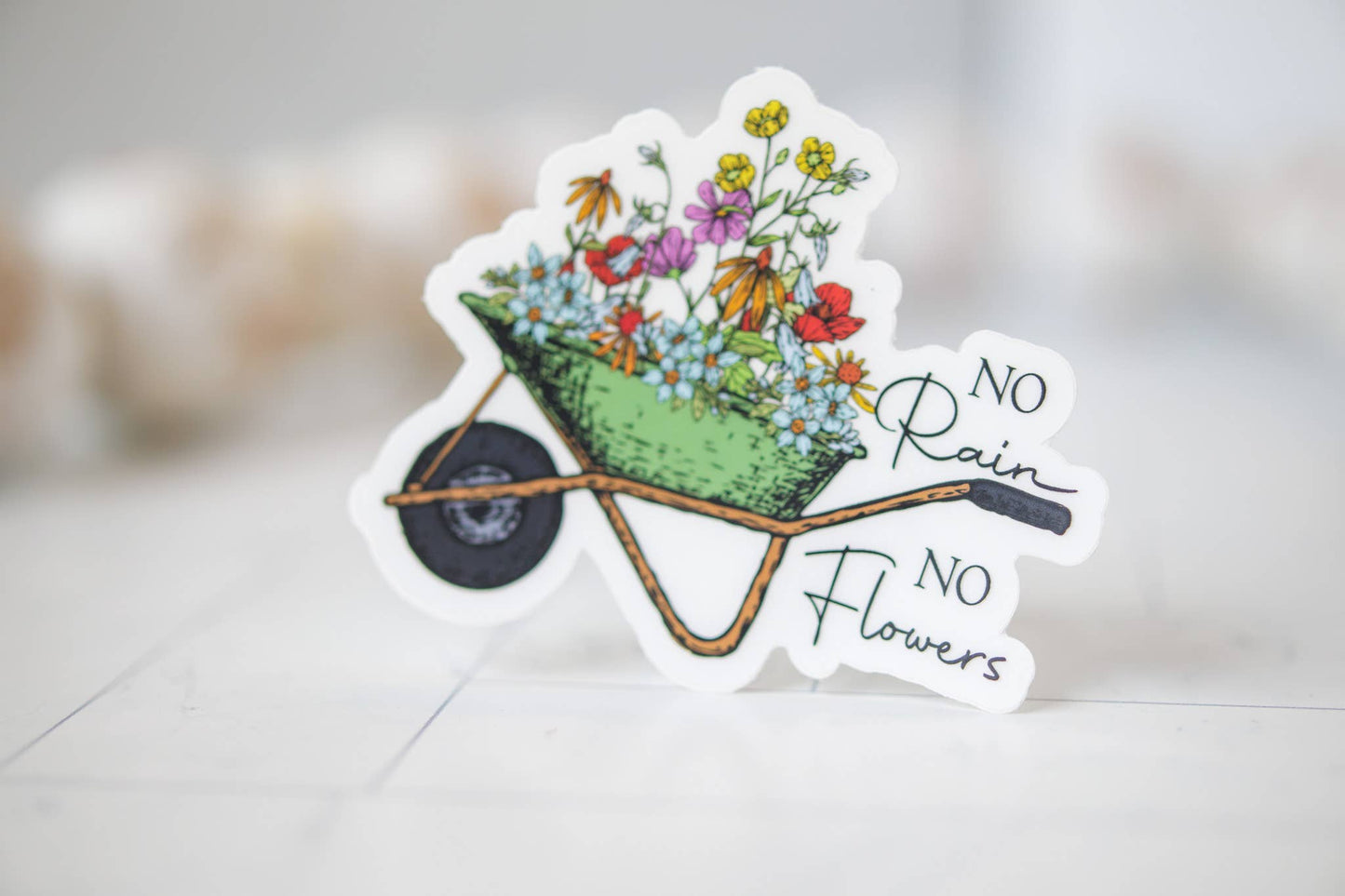 No Rain No Flowers, Wheelbarrow Vinyl Sticker, 3x3 in.